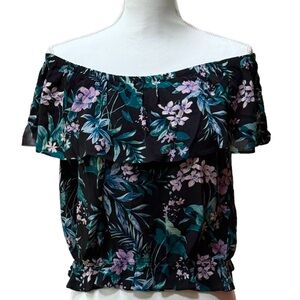 American Eagle Women's Floral Crop Top Off-the-Shoulder Ruffle Trim Size M